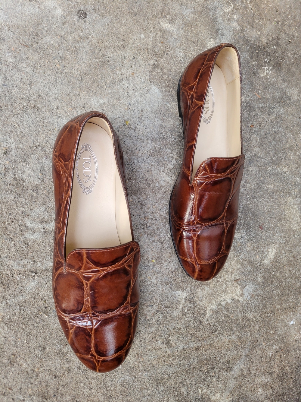Tod’s Brown Croc Embossed Leather Loafers Slip-On Flats Italian Luxury Size 36